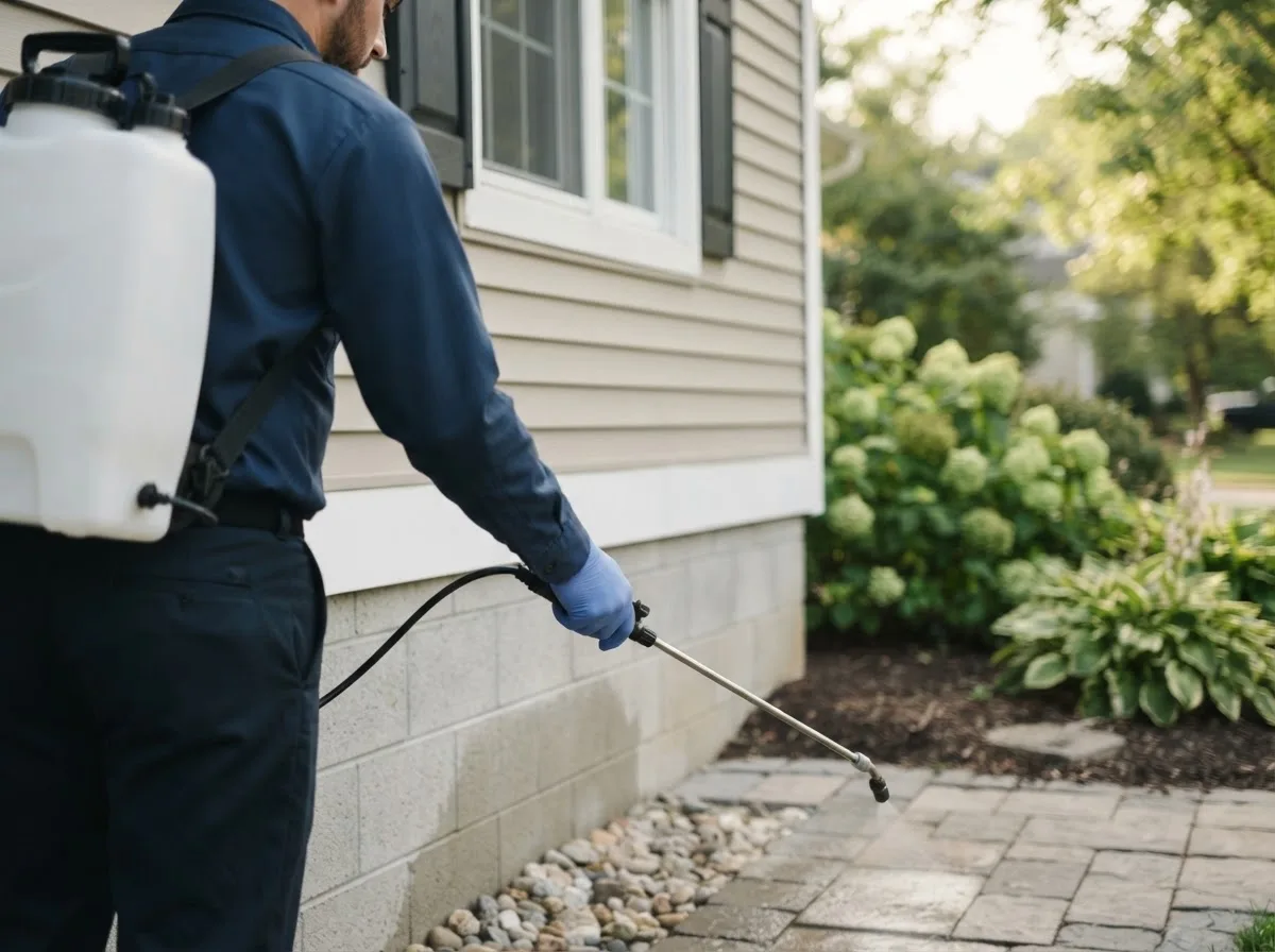 Pest control technician inspecting a home in Taylor Springs, IL